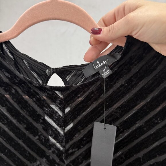 Lulus Bodysuit Womens Medium Black Velvet Burnout Long Sleeve Snap Chevron Mesh - Picture 2 of 9